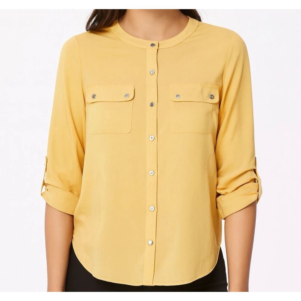 Chicos Shirt Womens Sz L Yellow Top Button Roll Tab Sleeve Summer casual Coastal